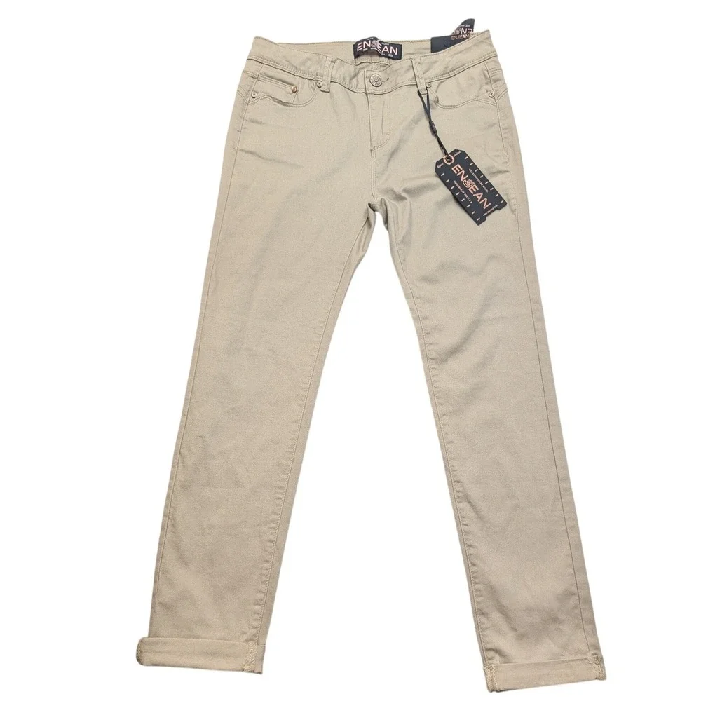 NWT Enjean Push Up Ankle Skinny Pants Womens 9 Khaki Tan Mid Rise Stretch